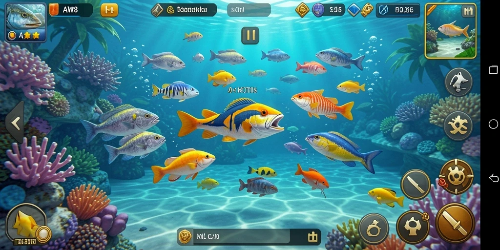 Tampilan gameplay seru dalam AW8 dengan berbagai jenis ikan untuk ditangkap.