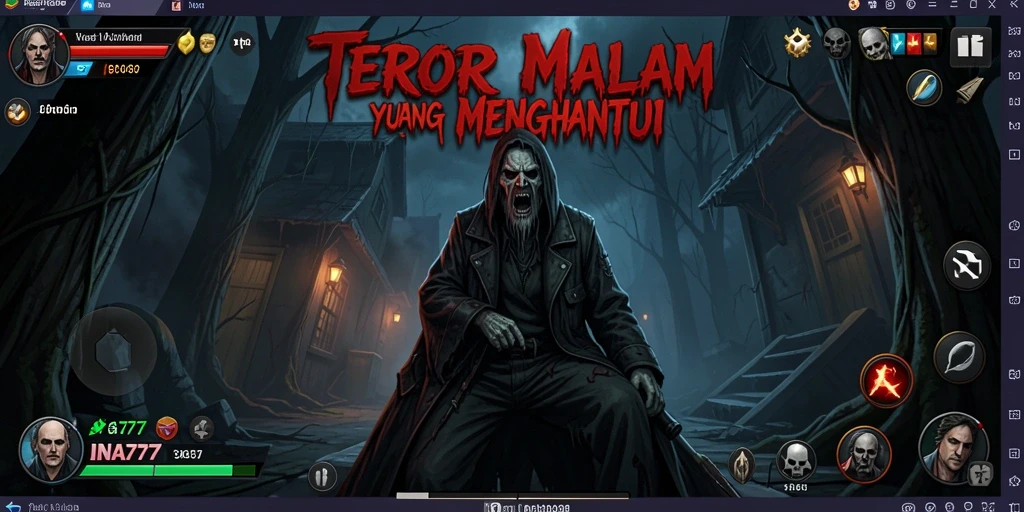 Tampilan gameplay <strong>INA777</strong> yang mencekam dalam suasana horor.