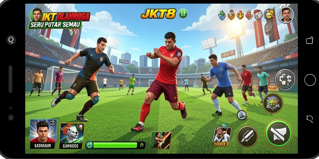 Tampilan gameplay seru dari JKT8 dalam pertandingan olahraga.