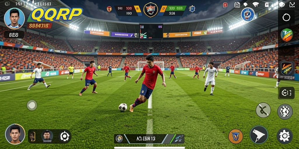 Screenshot utama QQRP menampilkan aksi seru di lapangan sepak bola.